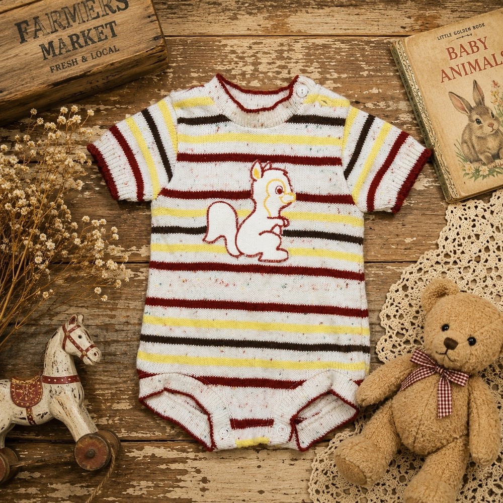 Vintage Knit Baby Romper Squirrel Graphic‎ Striped Confetti Fleck 6 Months